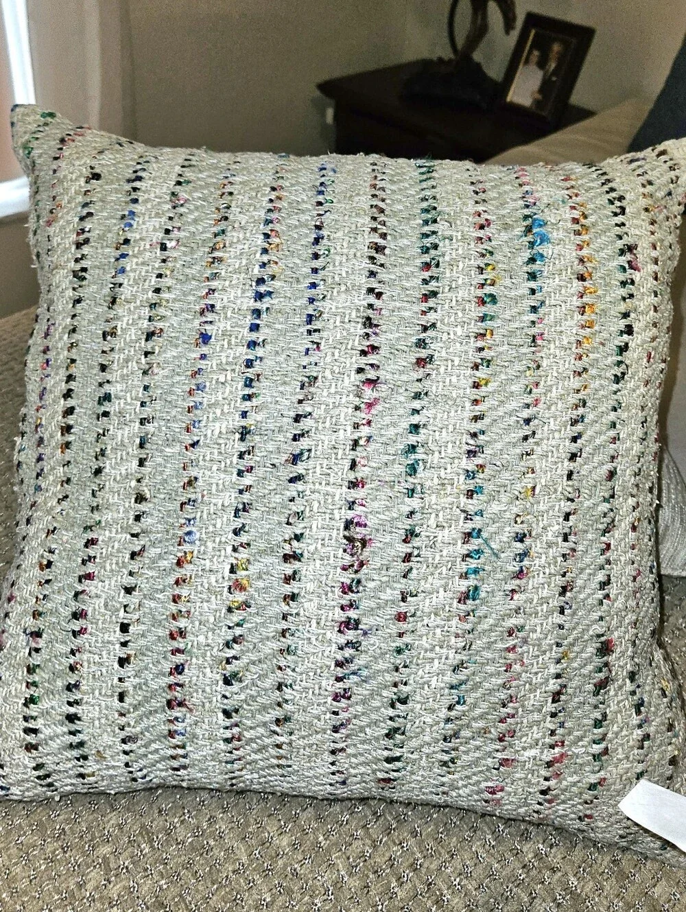 Neutral Woven Accent Pillow with Multicolor Thread